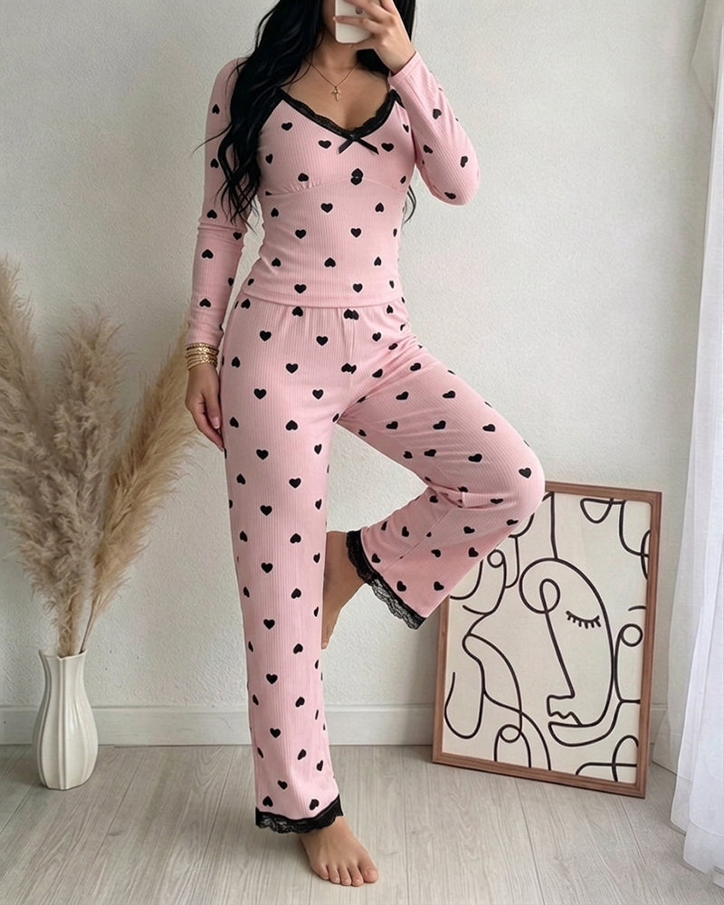 Women's Heart Print Lace Trim Ribbed Loungewear Set Long Sleeve Top and Wide Leg Pants Sweet Pajama Set