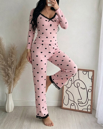 Women's Heart Print Lace Trim Ribbed Loungewear Set Long Sleeve Top and Wide Leg Pants Sweet Pajama Set