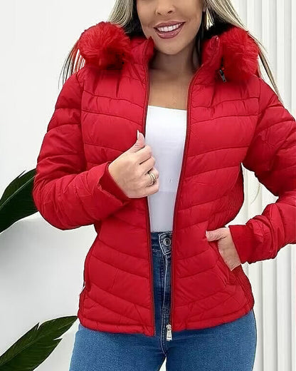 Zipper Pocket Design Shirred Fuzzy Trim Fleece Lined Hooded Puffer Jacket
