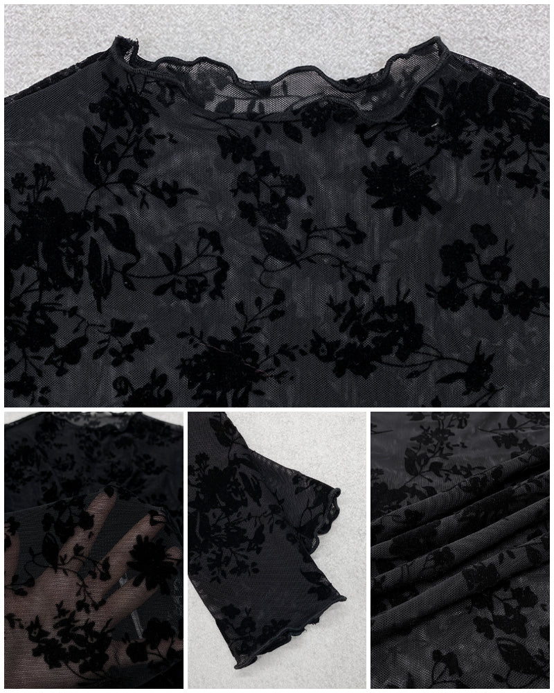 Floral Print Flocking Mock Neck Long Sleeve T Shirt Casual Sheer Mesh Slim Fit Blouse Top