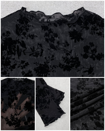 Floral Print Flocking Mock Neck Long Sleeve T Shirt Casual Sheer Mesh Slim Fit Blouse Top