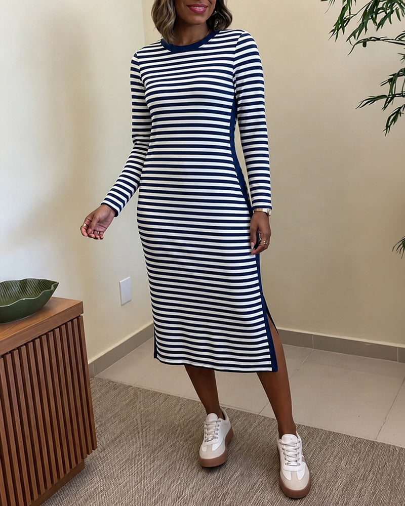 Women's Casual Striped Midi Dress Long Sleeve Crewneck Contrast Side Panel Side Slit T-Shirt Knit Dress with Pockets