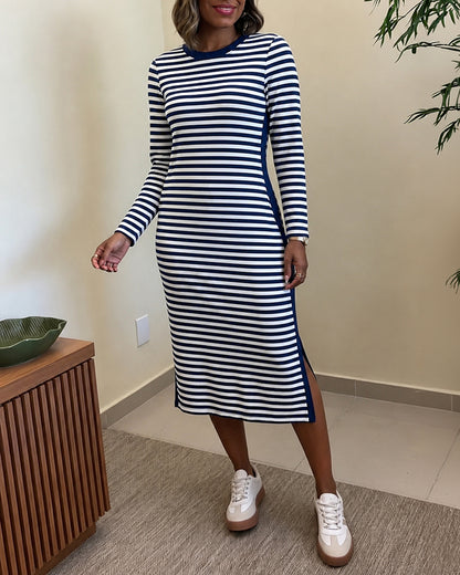Women's Casual Striped Midi Dress Long Sleeve Crewneck Contrast Side Panel Side Slit T-Shirt Knit Dress with Pockets