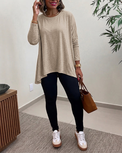 Haut à manches longues avec ourlet asymétrique pour femme, coupe ample, épaules tombantes, col rond, doux, ample, décontracté