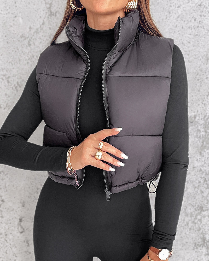 Stand Collar Zip Up Lightweight Cropped Puffer Vest Sleeveless Drawstring Hem Padded Coat