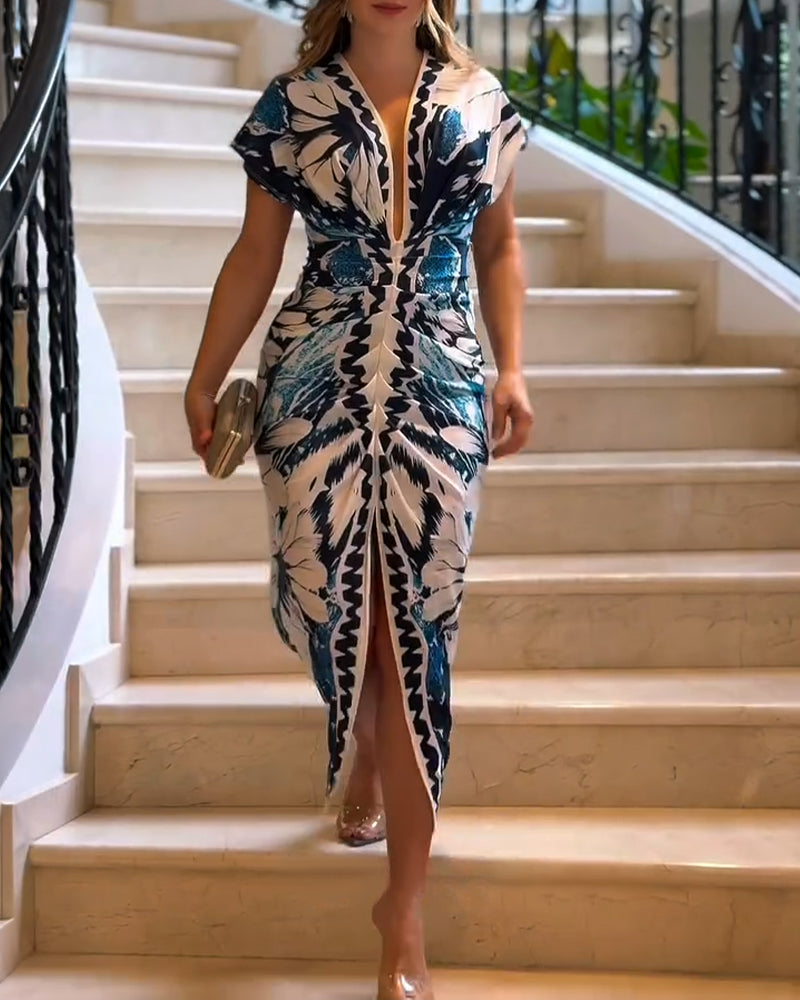 Vintage Floral Placement Print Deep V-Neck Short Sleeve Ruched Mid-length Dress Slim Fit Slit Front Vacation Dress
