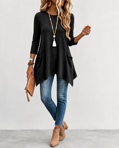 Women's Ribbed Asymmetrical Hem Top Crewneck Three Quarters Sleeve A-Line Casual Top