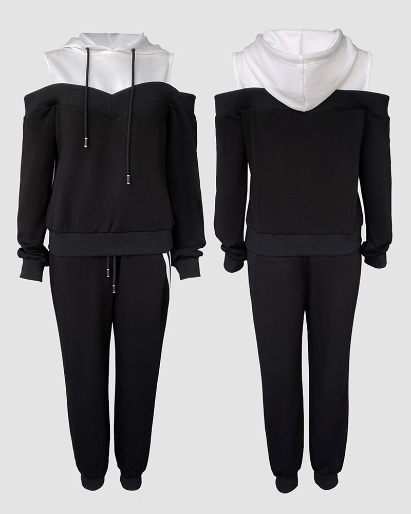2 Pieces Outfit Colorblock Cold Shoulder Long Sleeve Drawstring Hoodie Top and Casual Contrast Striped Decor Elastic Waist Jogger Pants Set
