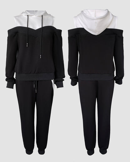 2 Pieces Outfit Colorblock Cold Shoulder Long Sleeve Drawstring Hoodie Top and Casual Contrast Striped Decor Elastic Waist Jogger Pants Set
