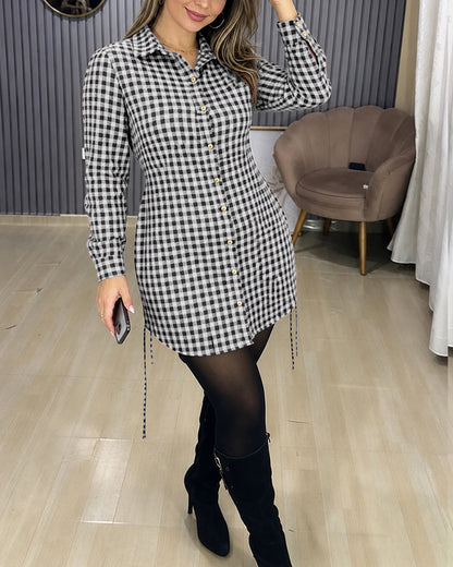 Women's Vintage Plaid Drawstring Long Sleeve Casual Dress Shirred Button Down Shirt Dress