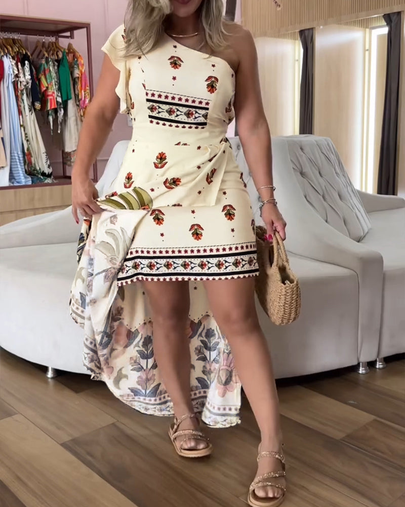 Tribal Print One Shoulder Flutter Sleeve Dress Casual Slim Fit Slit Asymmetrical Hem Vacation Dress