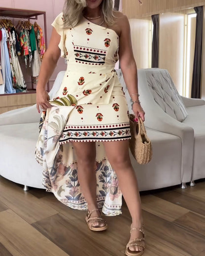 Tribal Print One Shoulder Flutter Sleeve Dress Casual Slim Fit Slit Asymmetrical Hem Vacation Dress