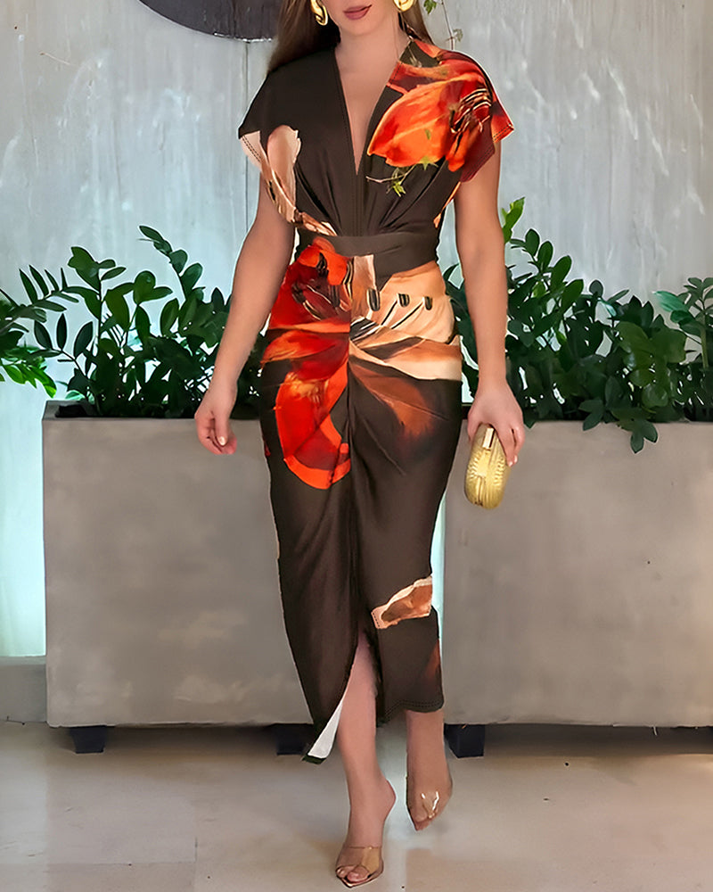 Floral Placement Print Deep V-Neck Front Slit Dress Ruched Slim Fit Vacation Dress