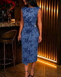 Women's Sleeveless Floral Flock Mesh Twist Side Midi Dress with Shoulder Pads