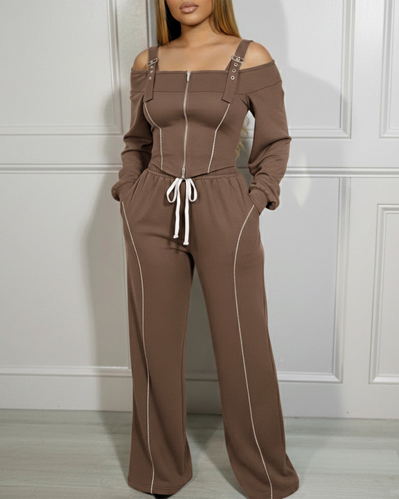 2 Pieces Outfit Trendy Long Sleeve Cold Shoulder Top and Drawstring Waist Pants with Pockets