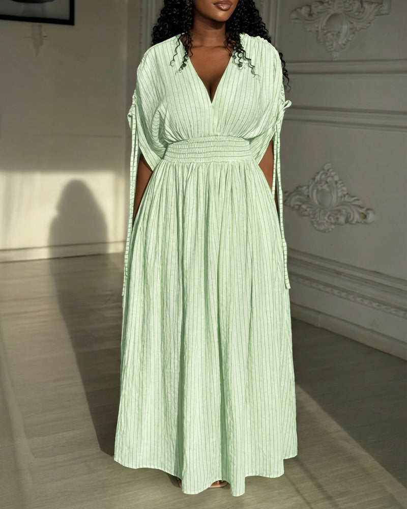 Striped V-Neck Drawstring Sleeve Shirred Waist Maxi Dress Casual Cinched Waist Zipper Back Vacation Dress