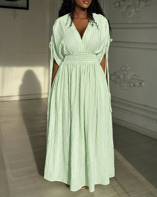 Striped V-Neck Drawstring Sleeve Shirred Waist Maxi Dress Casual Cinched Waist Zipper Back Vacation Dress