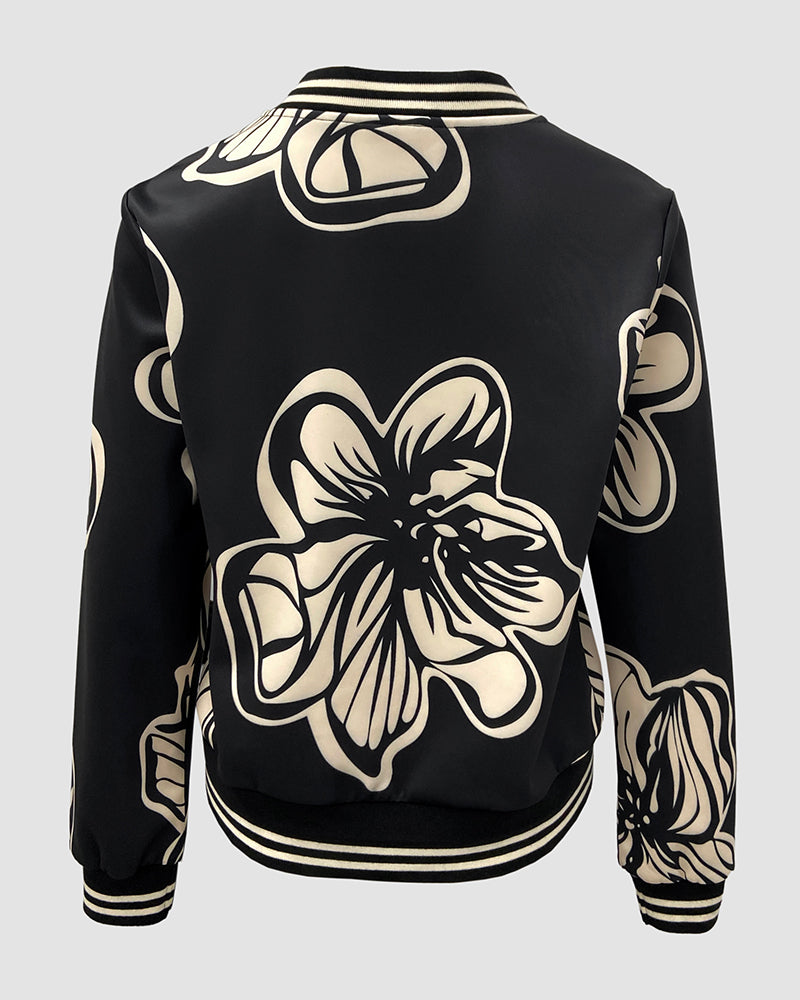 Floral Print Baseball Collar Long Sleeve Casual Jacket