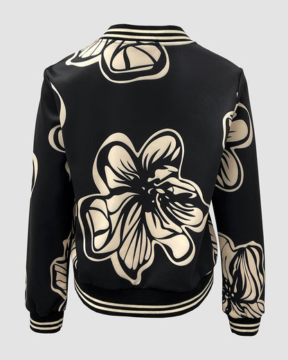 Floral Print Baseball Collar Long Sleeve Casual Jacket