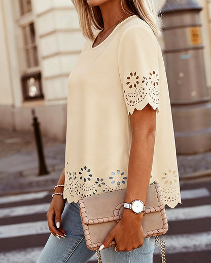 Round Neck Short Sleeve Eyelet Embroidery Tee Casual Scallop Trim Top