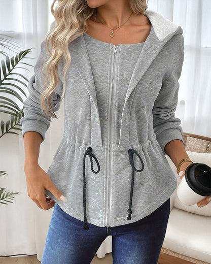 Zip Up Waist Drawstring Asymmetrical Hem Hoodie Jacket Casual Drop Shoulder Cinched Waist Coat