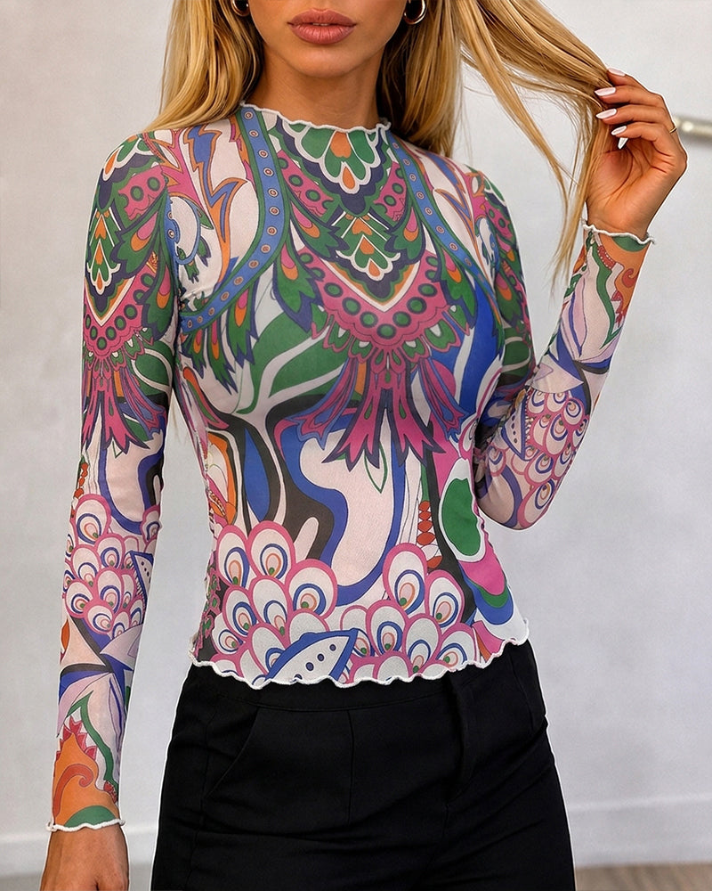 Women's Vintage Abstract Print Sheer Mesh Top Frill Trim Mock Neck Long Sleeve Tee