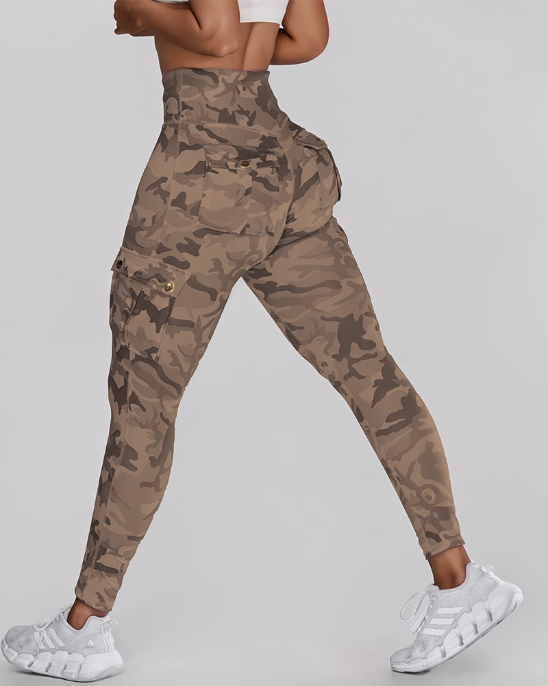 Camouflage Print High Waist Skinny Leggings with Cargo Flap Pockets Casual Pants