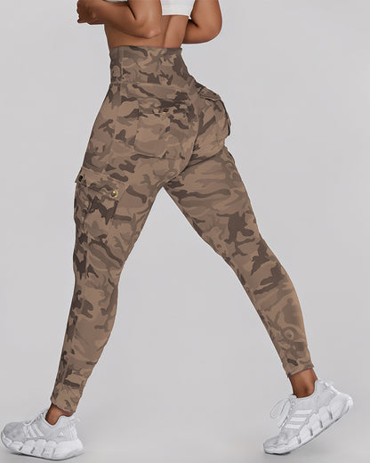Camouflage Print High Waist Skinny Leggings with Cargo Flap Pockets Casual Pants