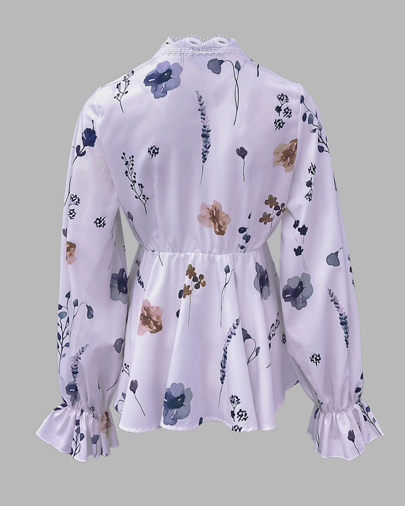 Floral Print Deep V-Neck Lantern Sleeve Casual Contrast Lace Tied Detail Blouse