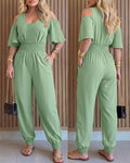Women's Cold Shoulder Jumpsuit Casual High Waist Shirred Cuffed Overalls with Pockets