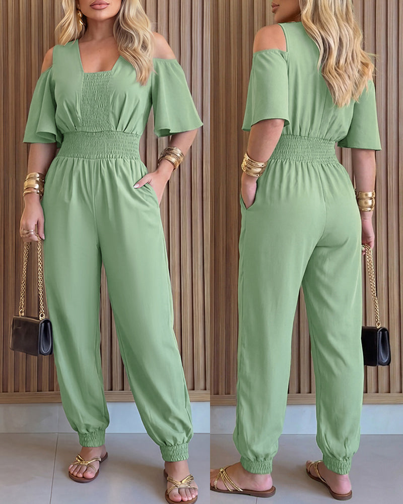 Women's Cold Shoulder Jumpsuit Casual High Waist Shirred Cuffed Overalls with Pockets