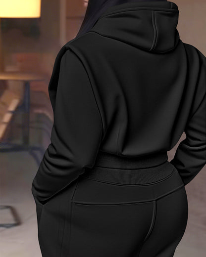 2 Pieces Outfit 3D Design Crop Drawstring Hoodie Top and Drawstring Elastic Waist Wide Leg Sweatpants Set Casual Rhinestone Letter Pattern Sweatshirt Set