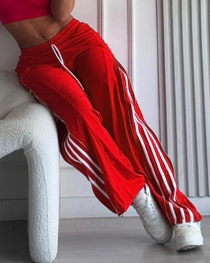 Contrast Side Striped & Zipper Slit Side Drawstring Elastic Waist Trousers Casual Wide Leg Pants
