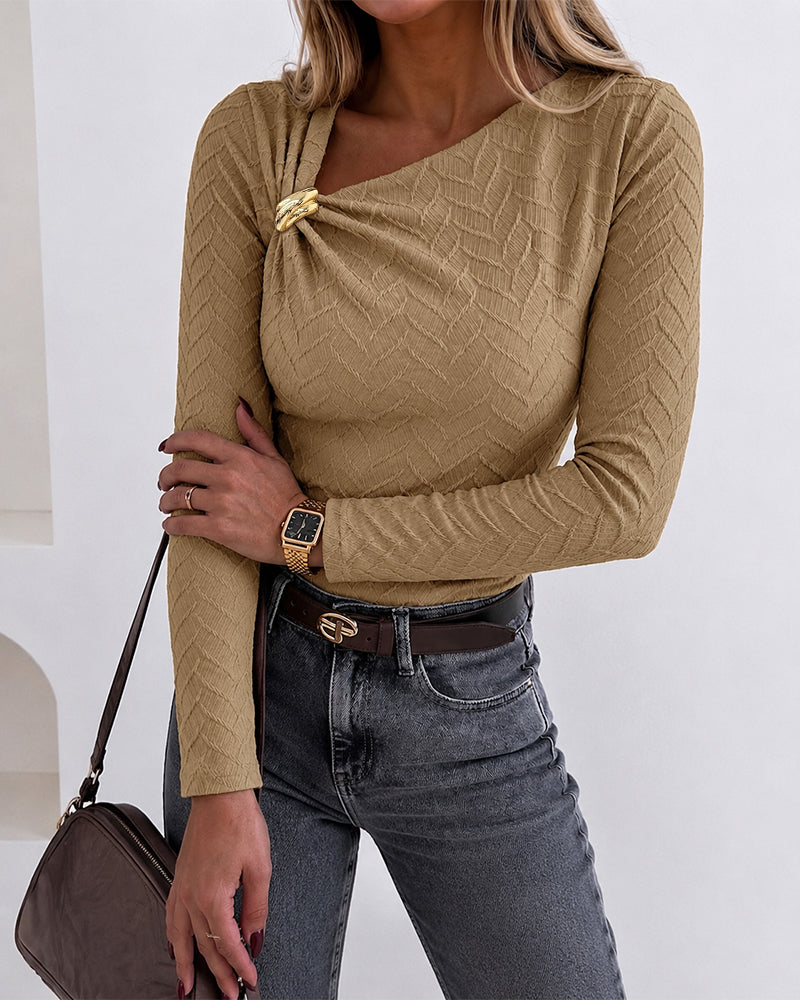 Women's Asymmetrical Neck Gold Buckle Twist Long Sleeve Top Textured Slim Fit Tee