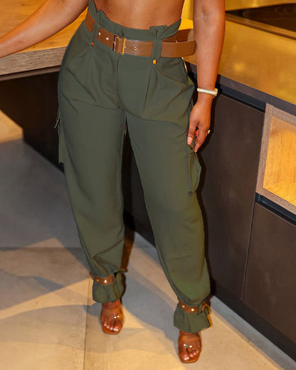 Women's Pockets Design Cargo Pants Casual High Waisted Trousers with Contrast Belt