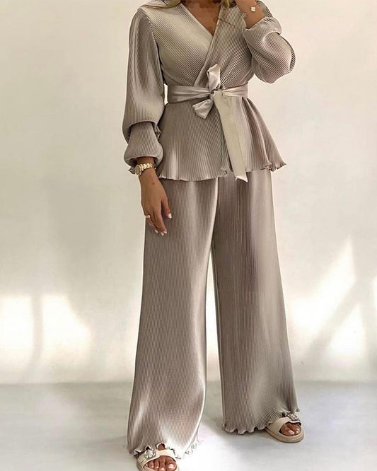 2 Pieces Outfit Overlap V-Neck Lantern Sleeve Tie Waist Ruffle Hem Top and Elastic Waist Wide Leg Pants Set Vintage Frill Hem Satin Pleated Commuting Set