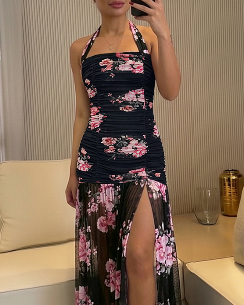 Women's Halter Tie Maxi Dress Vintage Floral Print Ruched Bodycon Long Dress Sexy Backless High Slit Mermaid Vacation Dress