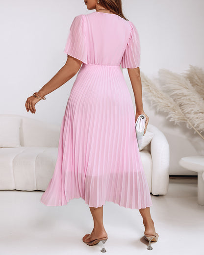 Flutter Sleeve Twist V Neck Midi Dress Casual Waist A Line Pleated Dress