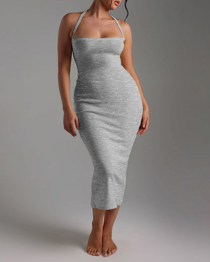 Criss Cross Straps Back Ribbed Mid-length Dress Sexy Slim Fit Backless Slit Back Dress