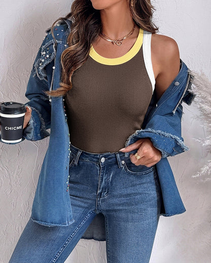 Women's Contrast Trim Ribbed Tank Top Slim Fit Sleeveless Round Neck Basic Camisole for Streetwear & Layering
