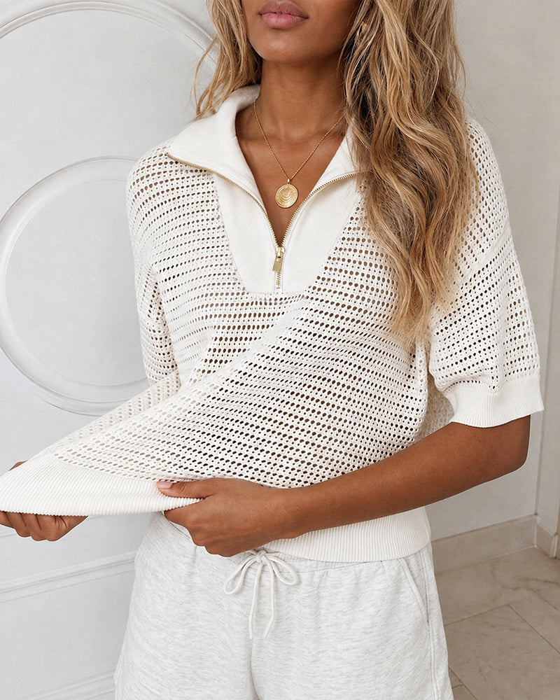 Women's Half Zip Polo Knit Top Short Sleeve Hollow-out Sweater