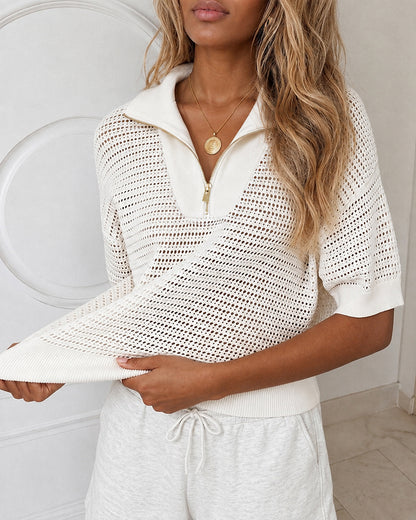 Women's Half Zip Polo Knit Top Short Sleeve Hollow-out Sweater
