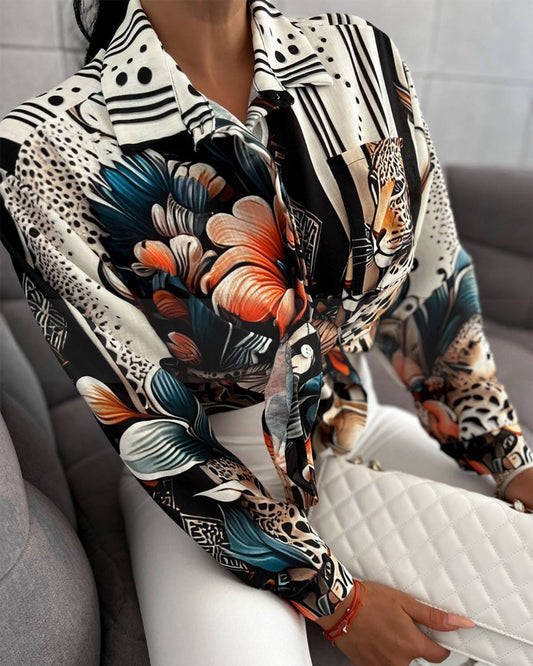 Floral Print Turn-down Collar Shirt Long Sleeve Blouse with Pocket