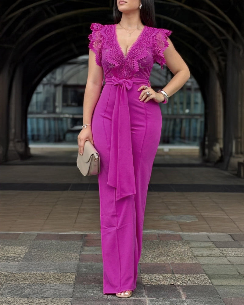 V Neck Scallop Trim Sleeve Lace Patchwork Bow Tie Waist Jumpsuit Casual Seam Front Zipper Back Wide Leg Jumpsuit