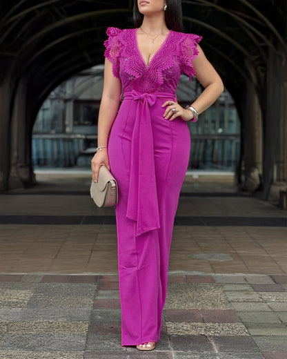 V Neck Scallop Trim Sleeve Lace Patchwork Bow Tie Waist Jumpsuit Casual Seam Front Zipper Back Wide Leg Jumpsuit