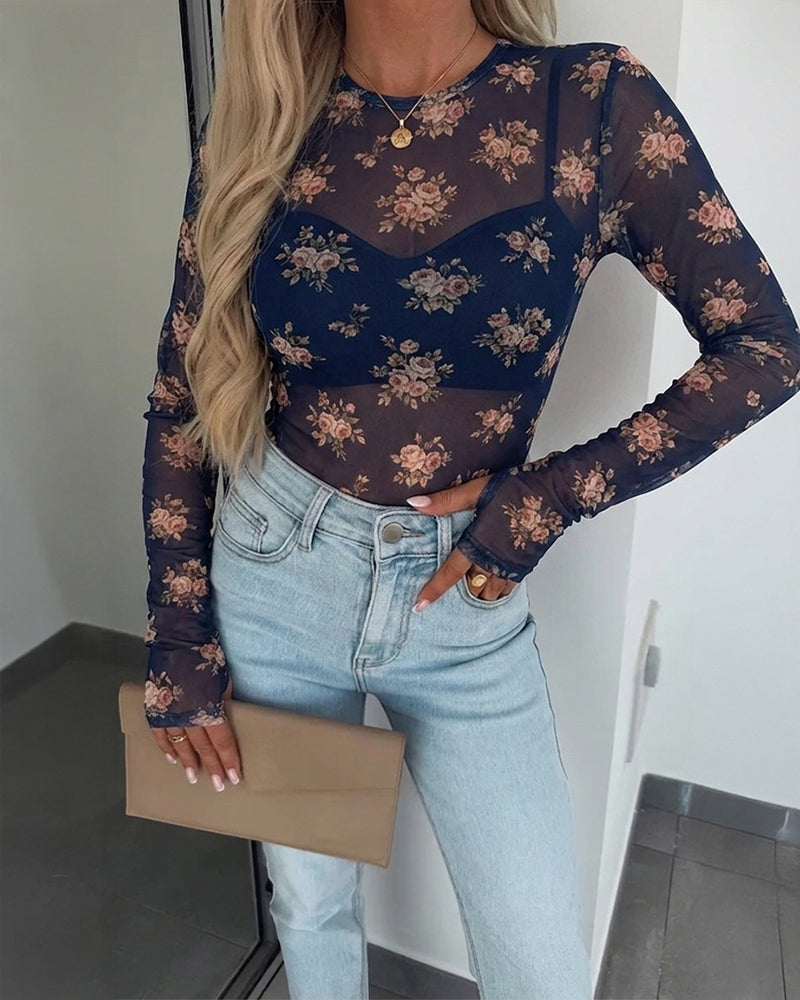 Women's Floral Print Sheer Mesh Top Long Sleeve Crewneck Slim Fit Tee with Thumb Holes