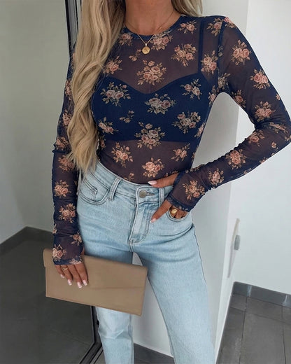 Women's Floral Print Sheer Mesh Top Long Sleeve Crewneck Slim Fit Tee with Thumb Holes