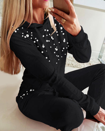Beaded Hooded Top & Drawstring Pants Set