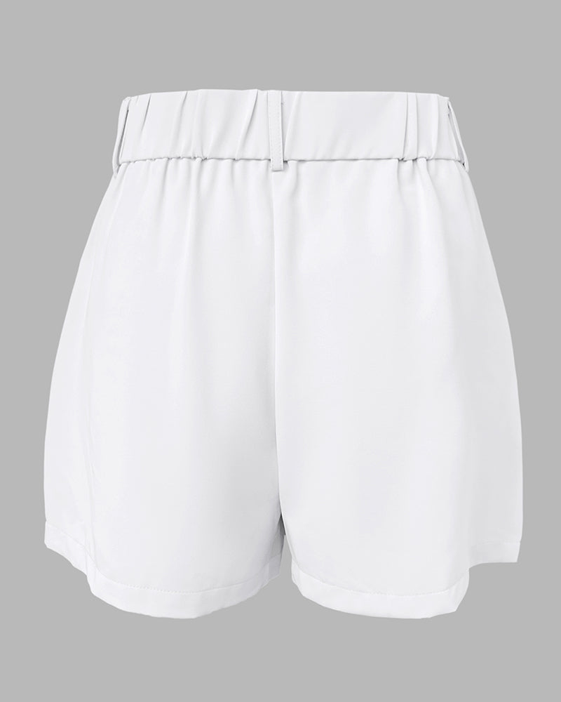 Bandeau Spaghetti Strap Golden-Button Back Shirred Top with Casual Shorts Set