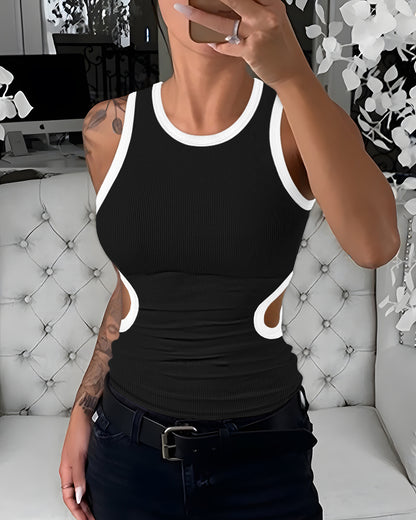 Women's Ribbed Contrast Trim Tank Top Sleeveless Crew Neck Cutout Slim Fit Stretch Casual Top